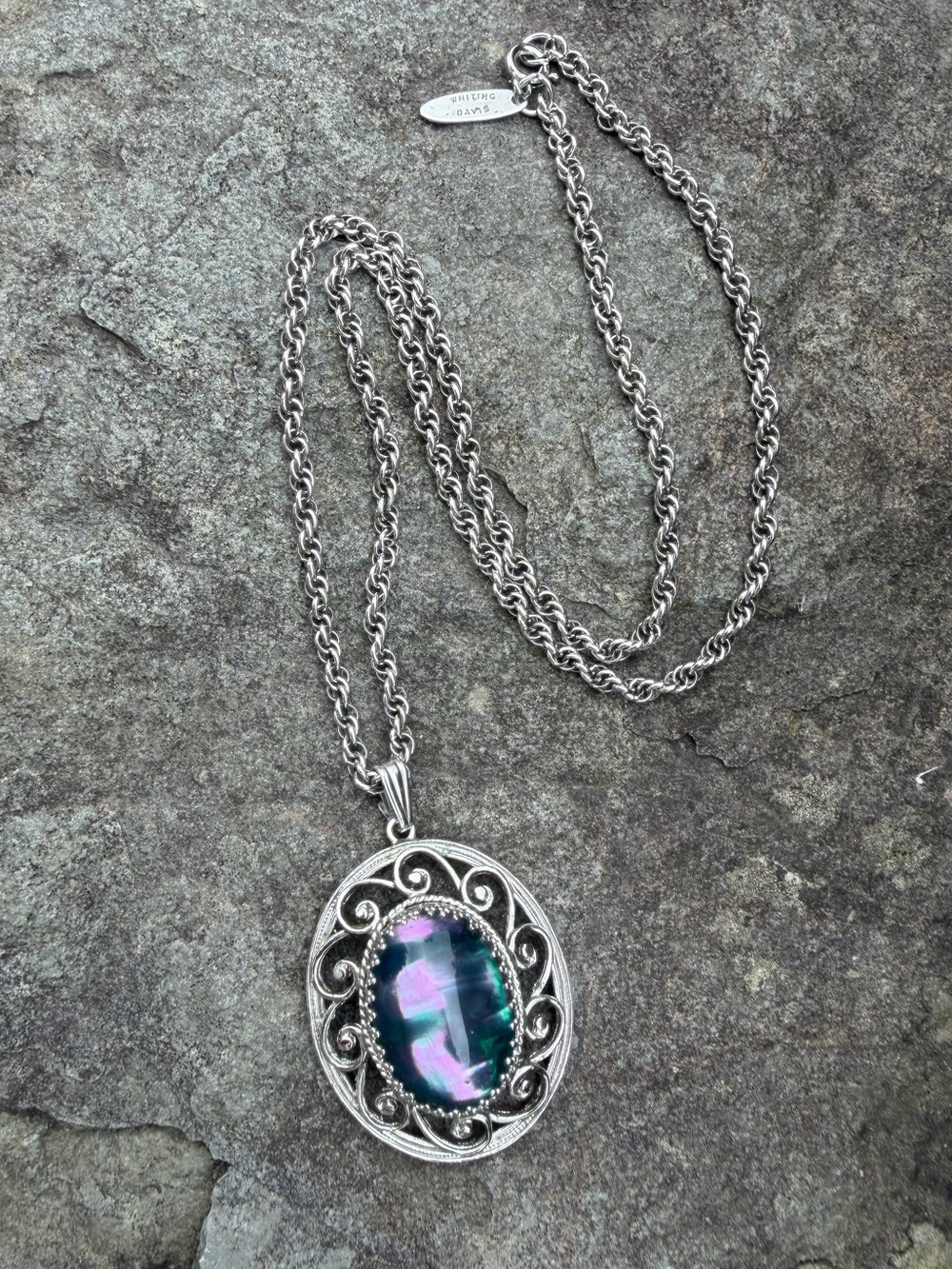Vintage Whiting & Davis Iridescent Purple Green Silver Filigree Pendant Necklace - Picture 14 of 14